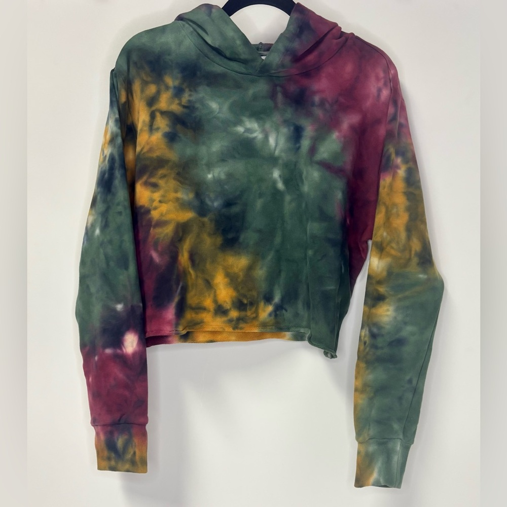 525 America Amber Multicolor Tie-Dye Raw Edge Cropped Hoodie- NWT